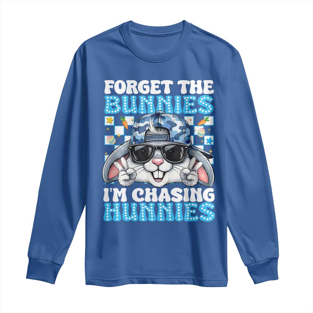 Funny Easter Bunny Forget the Bunnies I’m Chasing Hunnies Long Sleeve Shirt Cool Rabbit with Sunglasses & Hat Humor TS02 Royal Blue Print Your Wear