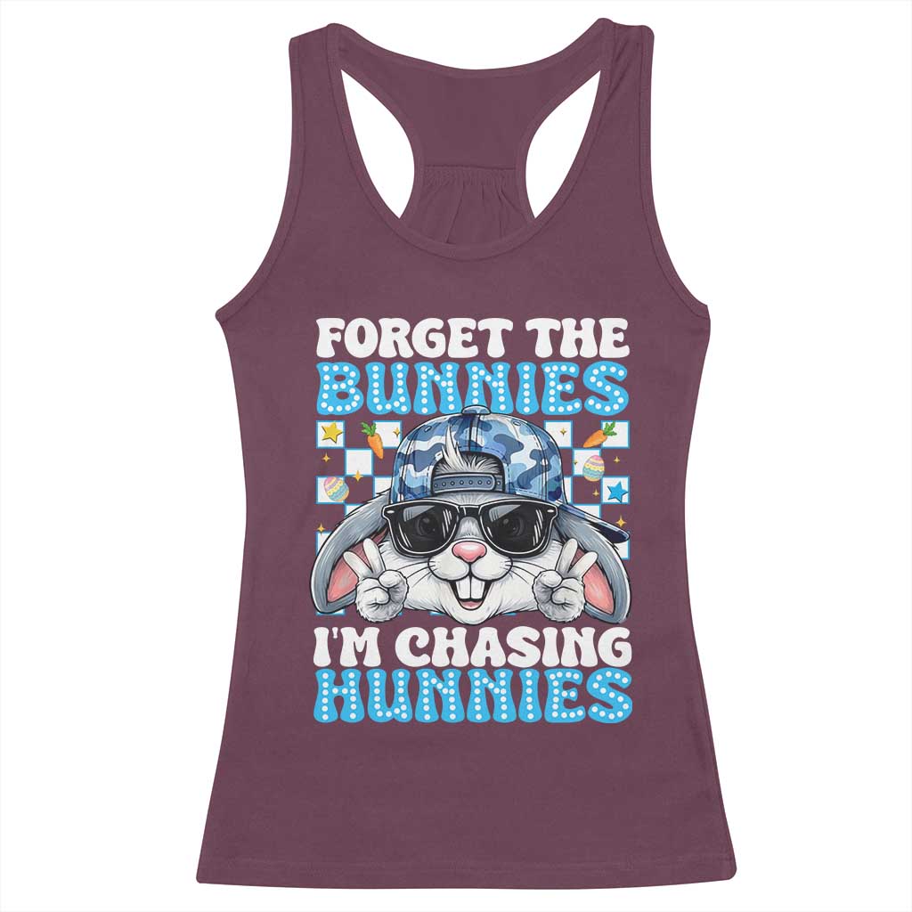 Funny Easter Bunny Forget the Bunnies I’m Chasing Hunnies Racerback Tank Top Cool Rabbit with Sunglasses & Hat Humor TS02 Maroon Print Your Wear