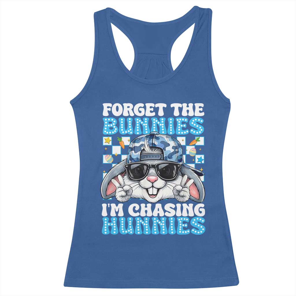 Funny Easter Bunny Forget the Bunnies I’m Chasing Hunnies Racerback Tank Top Cool Rabbit with Sunglasses & Hat Humor TS02 Royal Blue Print Your Wear