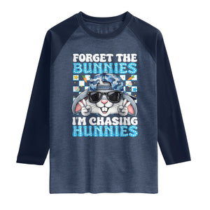 Funny Easter Bunny Forget the Bunnies I’m Chasing Hunnies Raglan Shirt Cool Rabbit with Sunglasses & Hat Humor TS02 Heather Denim Navy Print Your Wear