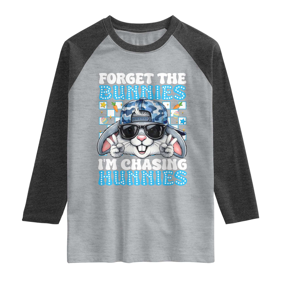 Funny Easter Bunny Forget the Bunnies I’m Chasing Hunnies Raglan Shirt Cool Rabbit with Sunglasses & Hat Humor TS02 Heather Gray Heather Charcoal Print Your Wear