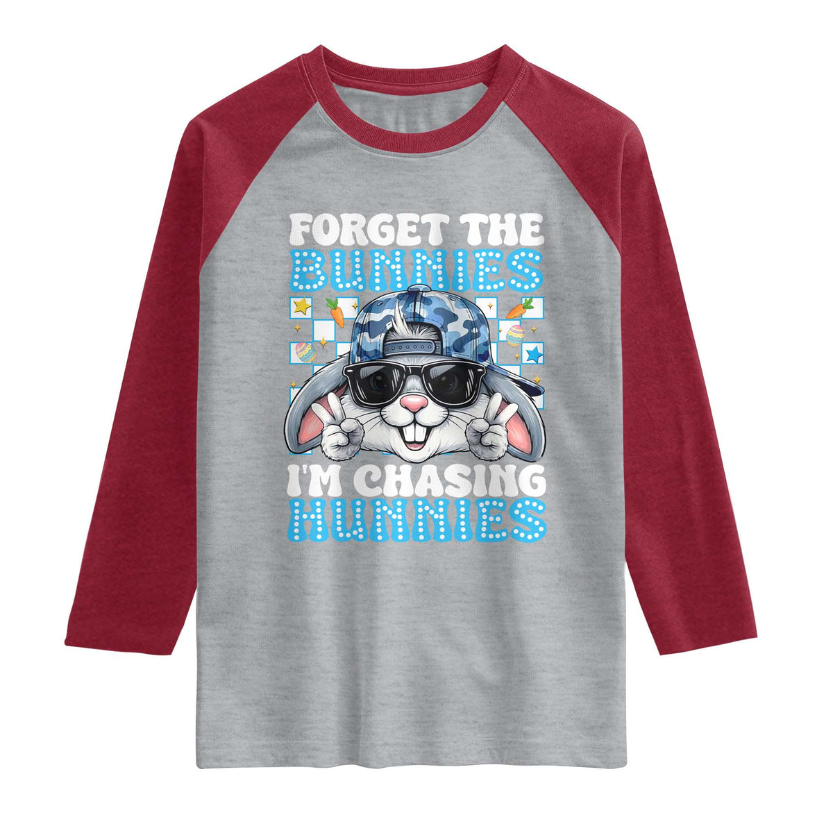 Funny Easter Bunny Forget the Bunnies I’m Chasing Hunnies Raglan Shirt Cool Rabbit with Sunglasses & Hat Humor TS02 Heather Gray Heather Red Print Your Wear