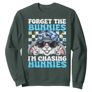 Funny Easter Bunny Forget the Bunnies I’m Chasing Hunnies Sweatshirt Cool Rabbit with Sunglasses & Hat Humor TS02 Dark Forest Green Print Your Wear