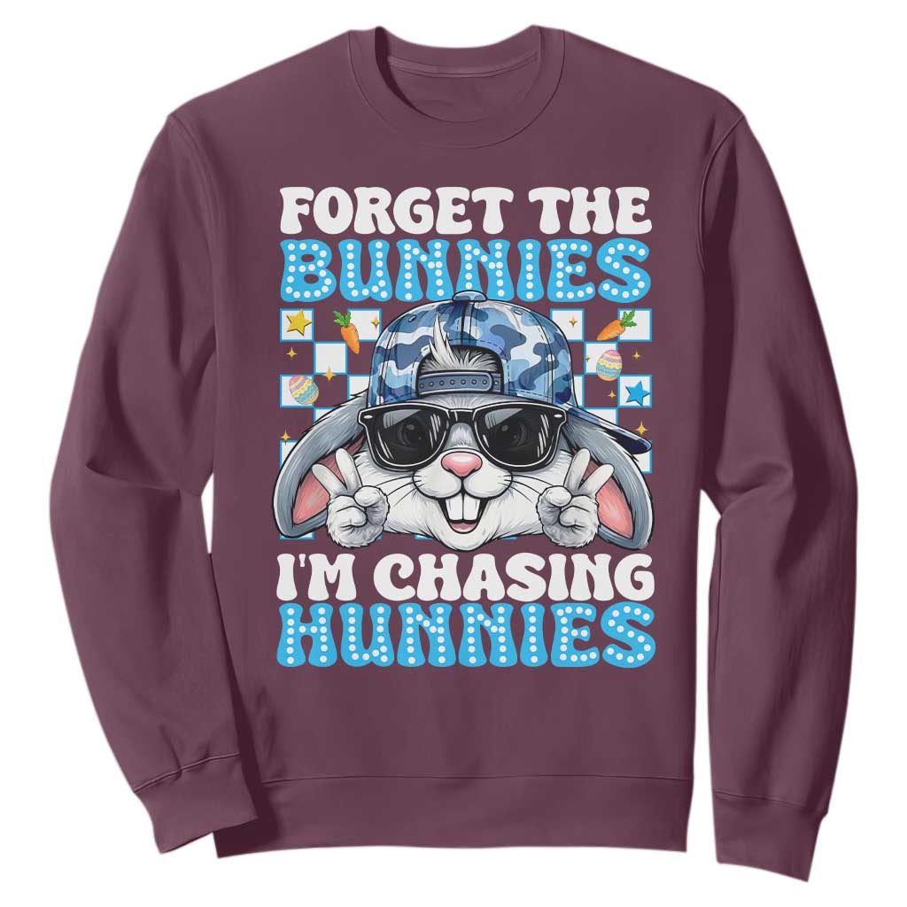 Funny Easter Bunny Forget the Bunnies I’m Chasing Hunnies Sweatshirt Cool Rabbit with Sunglasses & Hat Humor TS02 Maroon Print Your Wear