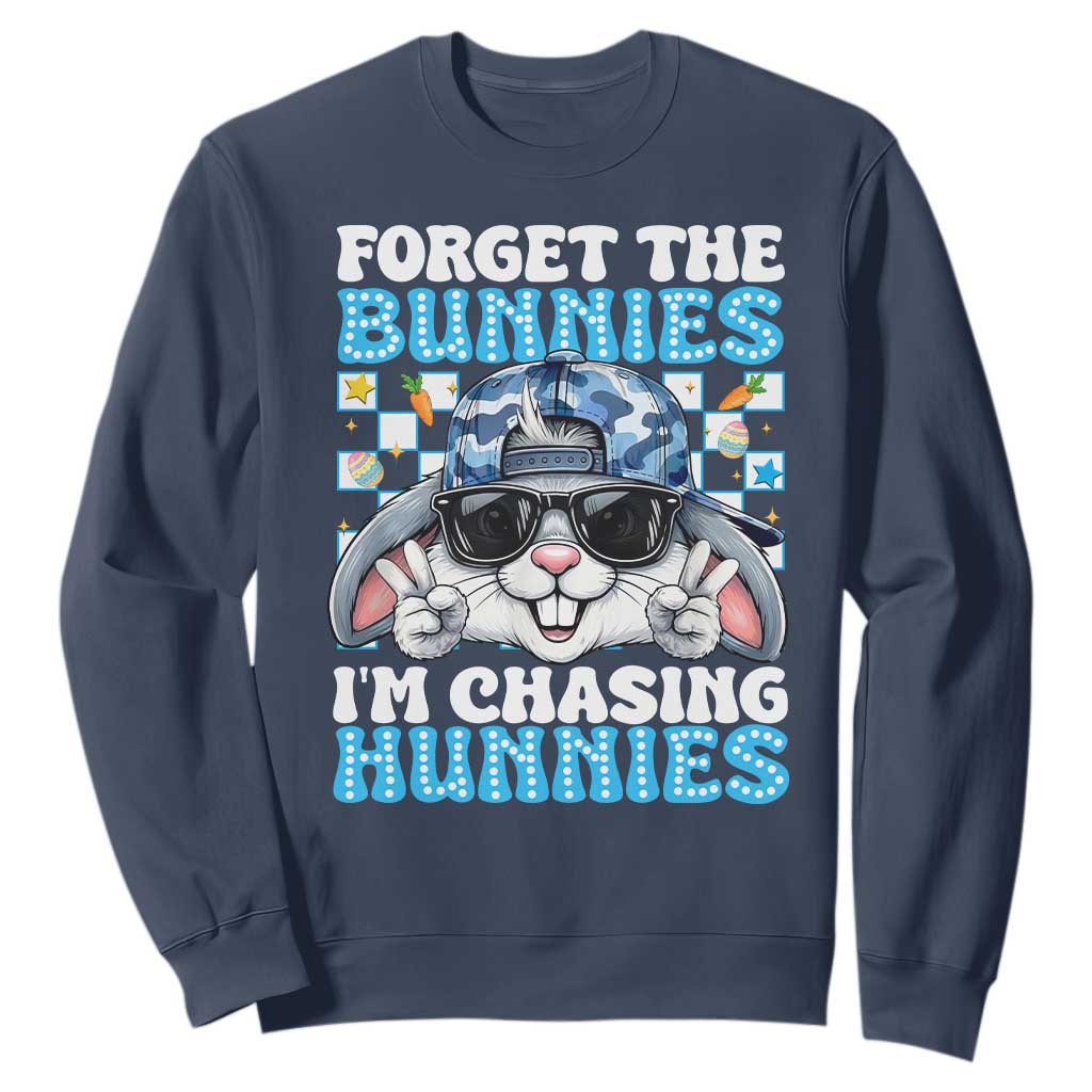 Funny Easter Bunny Forget the Bunnies I’m Chasing Hunnies Sweatshirt Cool Rabbit with Sunglasses & Hat Humor TS02 Navy Print Your Wear