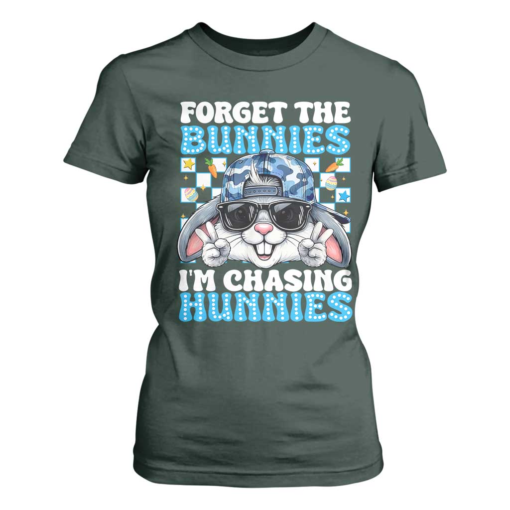 Funny Easter Bunny Forget the Bunnies I’m Chasing Hunnies T Shirt For Women Cool Rabbit with Sunglasses & Hat Humor TS02 Dark Forest Green Print Your Wear