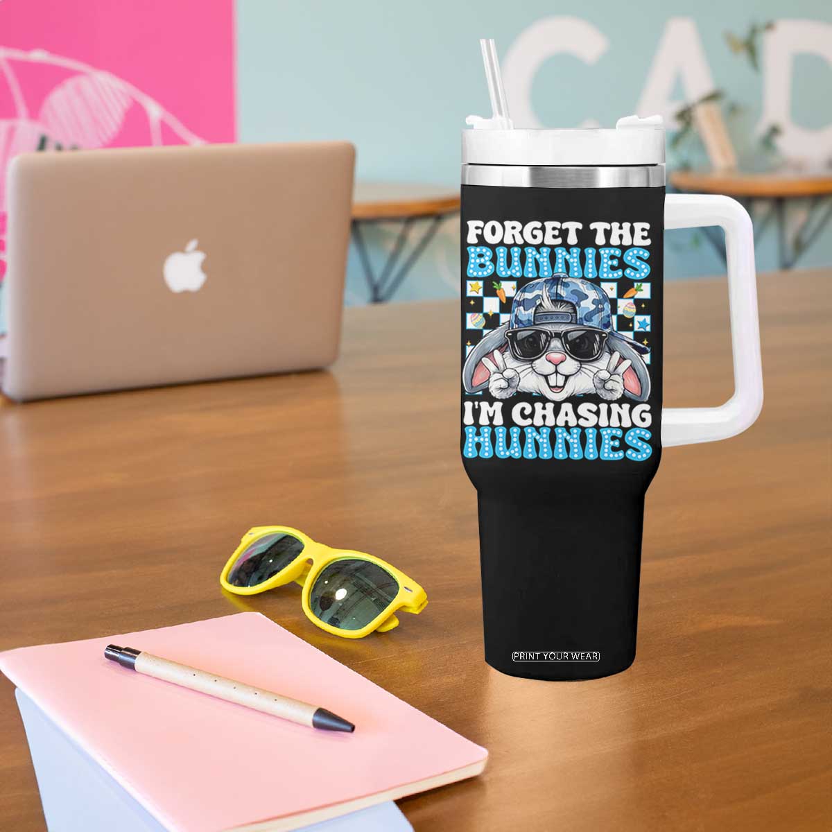 Funny Easter Bunny Forget the Bunnies I’m Chasing Hunnies Tumbler With Handle Cool Rabbit with Sunglasses & Hat Humor TS02 Print Your Wear