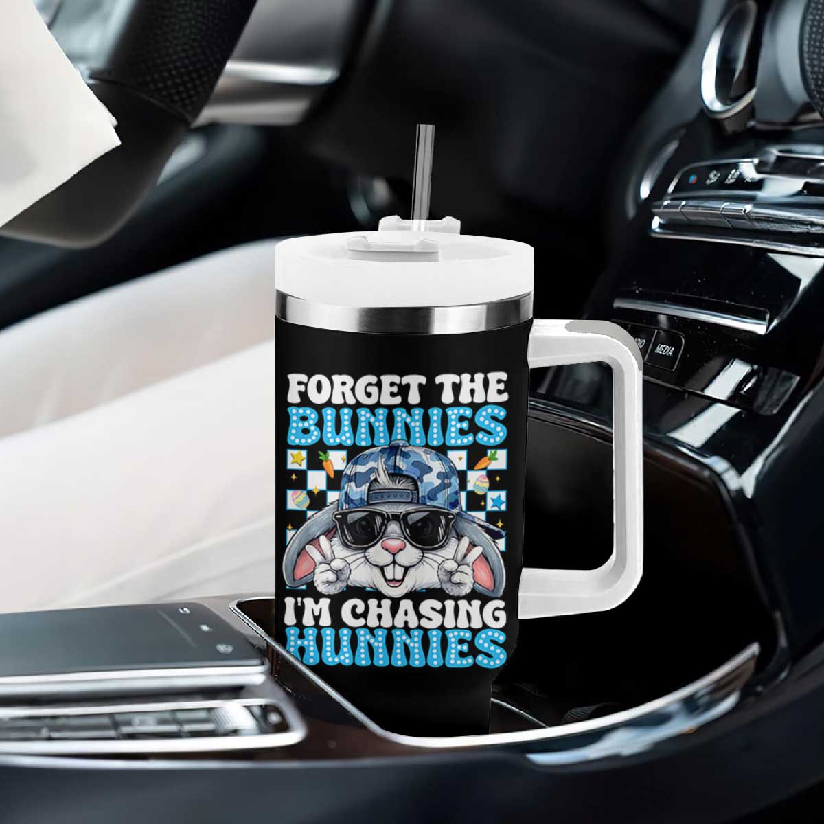 Funny Easter Bunny Forget the Bunnies I’m Chasing Hunnies Tumbler With Handle Cool Rabbit with Sunglasses & Hat Humor TS02 Print Your Wear
