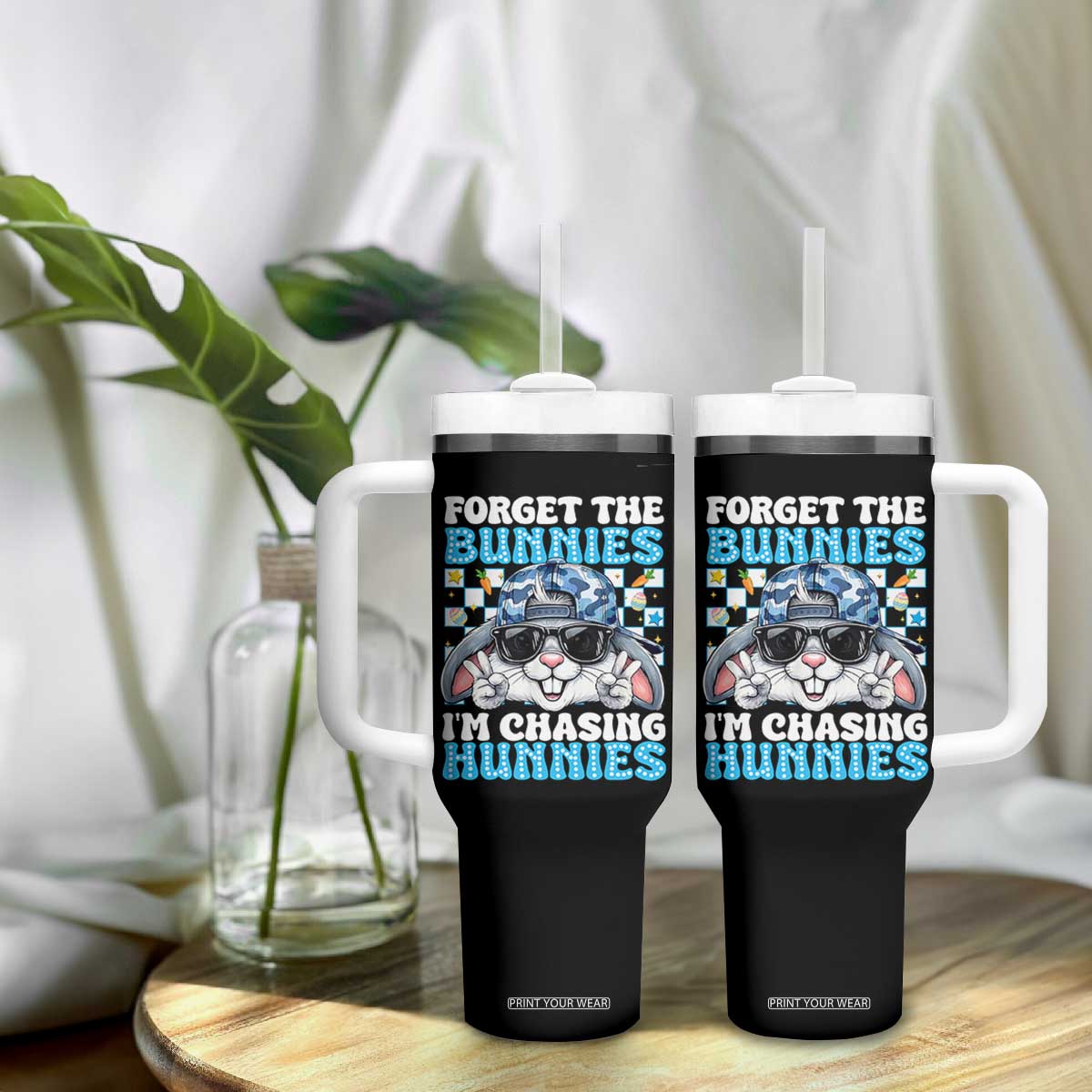 Funny Easter Bunny Forget the Bunnies I’m Chasing Hunnies Tumbler With Handle Cool Rabbit with Sunglasses & Hat Humor TS02 Print Your Wear