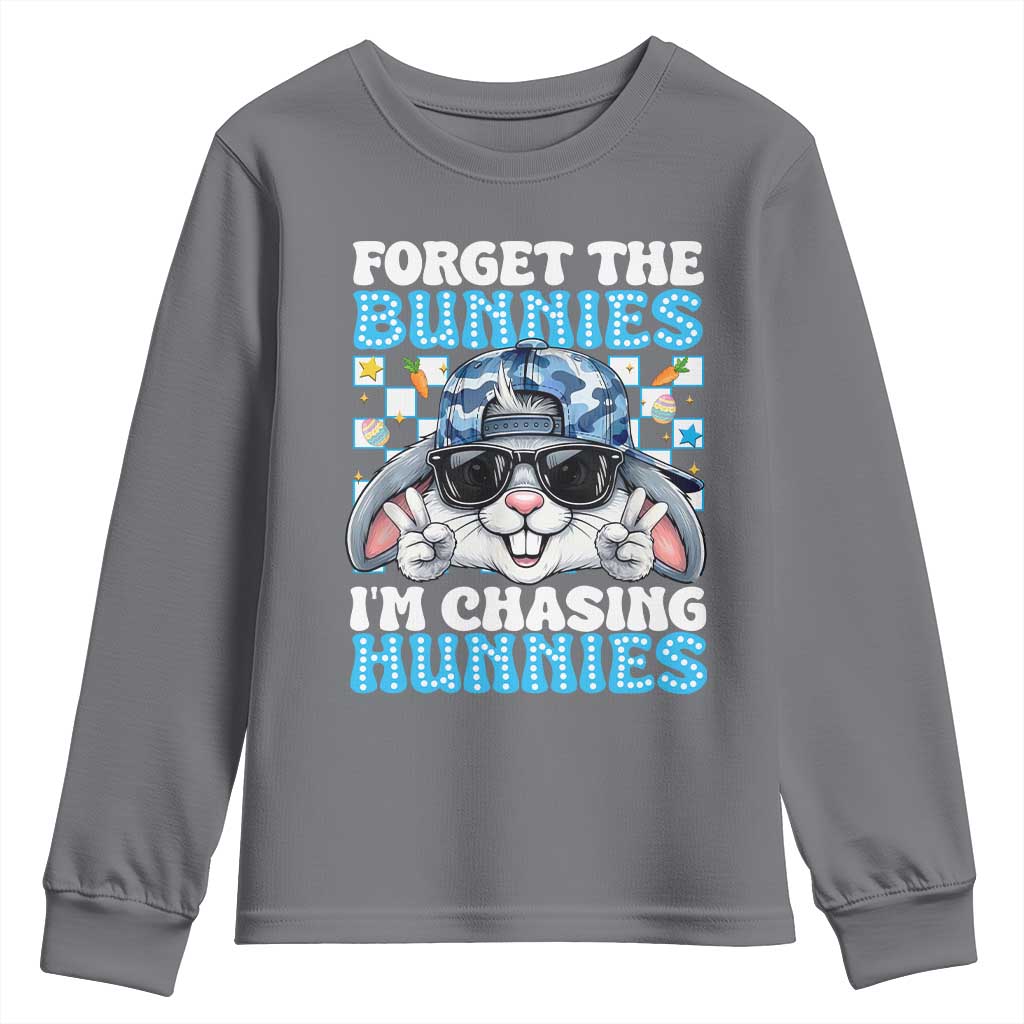 Funny Easter Bunny Forget the Bunnies I’m Chasing Hunnies Youth Sweatshirt Cool Rabbit with Sunglasses & Hat Humor TS02 Charcoal Print Your Wear