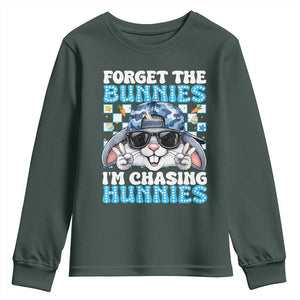 Funny Easter Bunny Forget the Bunnies I’m Chasing Hunnies Youth Sweatshirt Cool Rabbit with Sunglasses & Hat Humor TS02 Dark Forest Green Print Your Wear