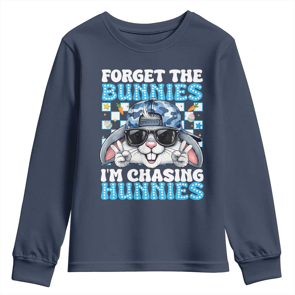 Funny Easter Bunny Forget the Bunnies I’m Chasing Hunnies Youth Sweatshirt Cool Rabbit with Sunglasses & Hat Humor TS02 Navy Print Your Wear