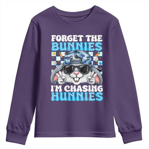 Funny Easter Bunny Forget the Bunnies I’m Chasing Hunnies Youth Sweatshirt Cool Rabbit with Sunglasses & Hat Humor TS02 Purple Print Your Wear
