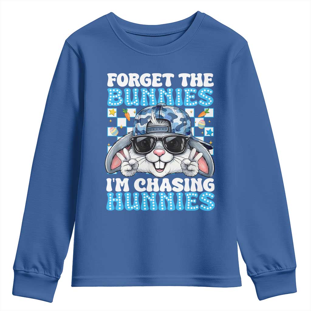 Funny Easter Bunny Forget the Bunnies I’m Chasing Hunnies Youth Sweatshirt Cool Rabbit with Sunglasses & Hat Humor TS02 Royal Blue Print Your Wear