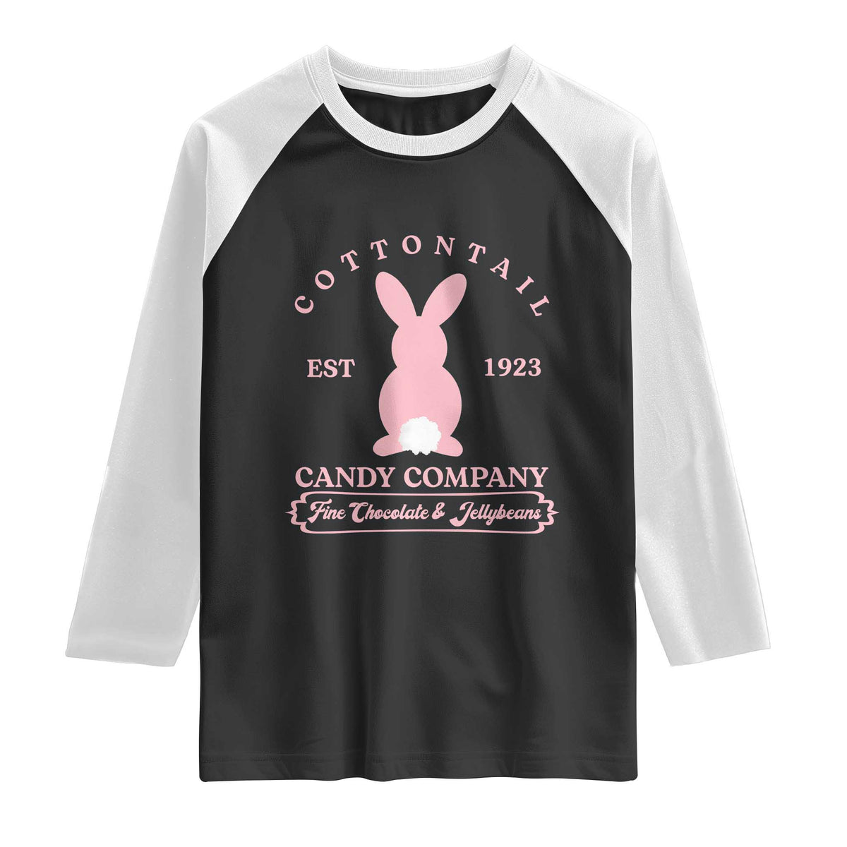 Cottontail Candy Company Vintage Easter Bunny Raglan Shirt Retro Chocolate and Jellybeans Spring Lovers TS02 Black White Print Your Wear