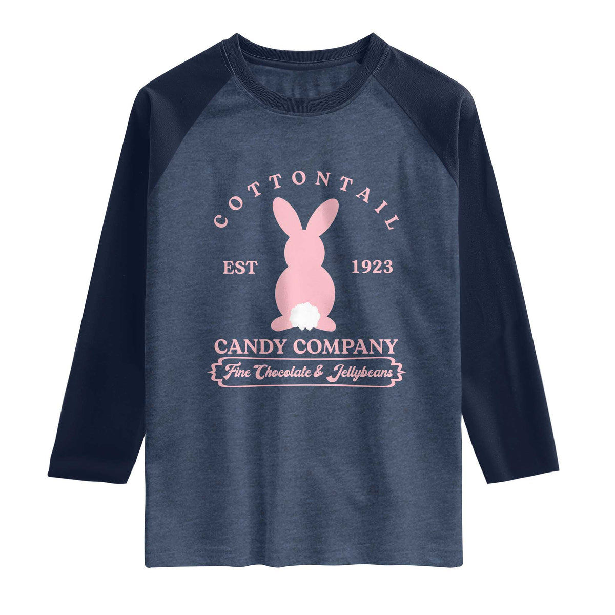 Cottontail Candy Company Vintage Easter Bunny Raglan Shirt Retro Chocolate and Jellybeans Spring Lovers TS02 Heather Denim Navy Print Your Wear