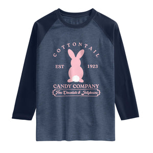 Cottontail Candy Company Vintage Easter Bunny Raglan Shirt Retro Chocolate and Jellybeans Spring Lovers TS02 Heather Denim Navy Print Your Wear