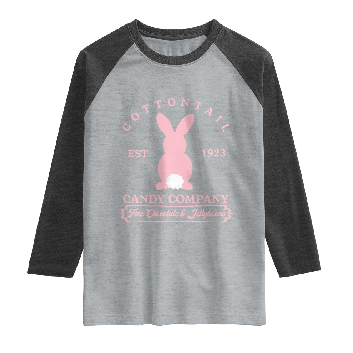 Cottontail Candy Company Vintage Easter Bunny Raglan Shirt Retro Chocolate and Jellybeans Spring Lovers TS02 Heather Gray Heather Charcoal Print Your Wear