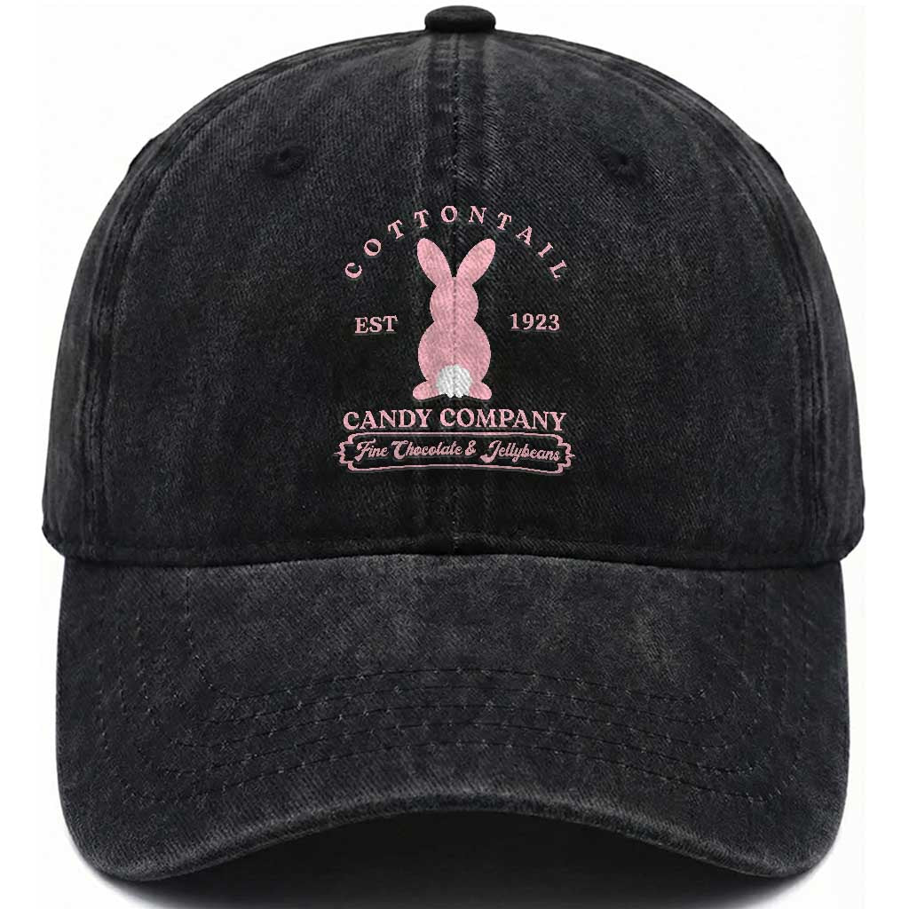 Cottontail Candy Company Vintage Easter Bunny Washed Cotton Baseball Cap Retro Chocolate and Jellybeans Spring Lovers