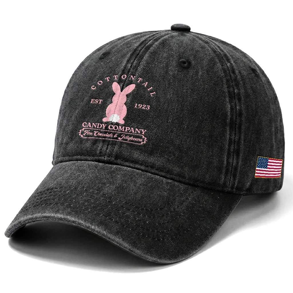 Cottontail Candy Company Vintage Easter Bunny Washed Cotton Baseball Cap Retro Chocolate and Jellybeans Spring Lovers