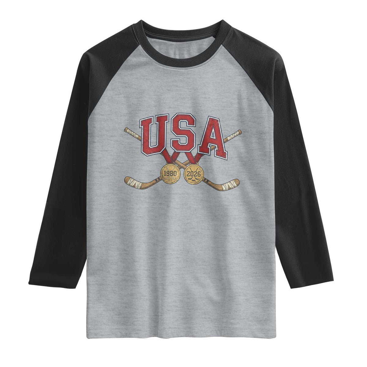 USA Ice Hockey Pride 1980 to 2026 Legacy Raglan Shirt Patriotic American Champions TS02 Heather Gray Black Print Your Wear