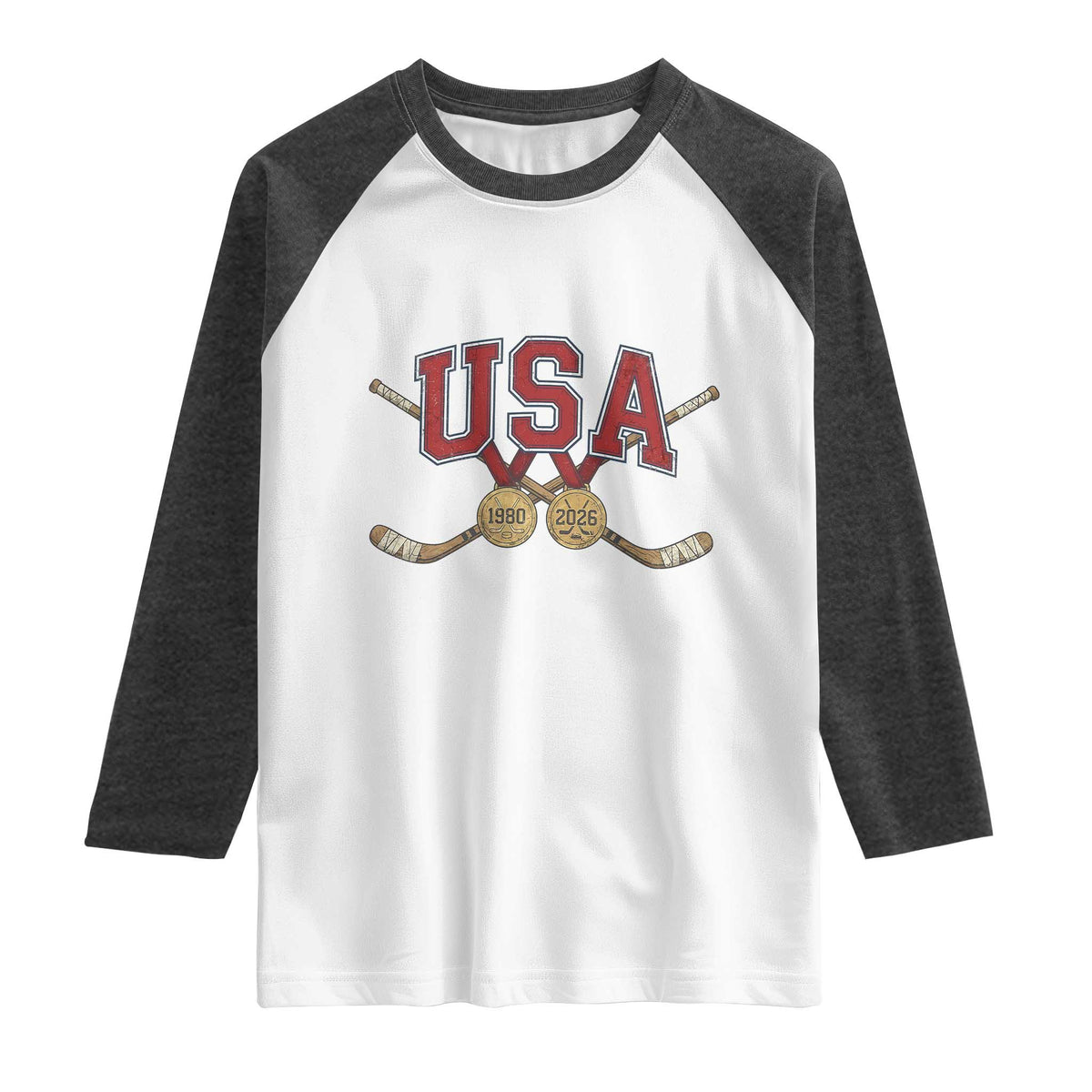 USA Ice Hockey Pride 1980 to 2026 Legacy Raglan Shirt Patriotic American Champions TS02 White Heather Charcoal Print Your Wear