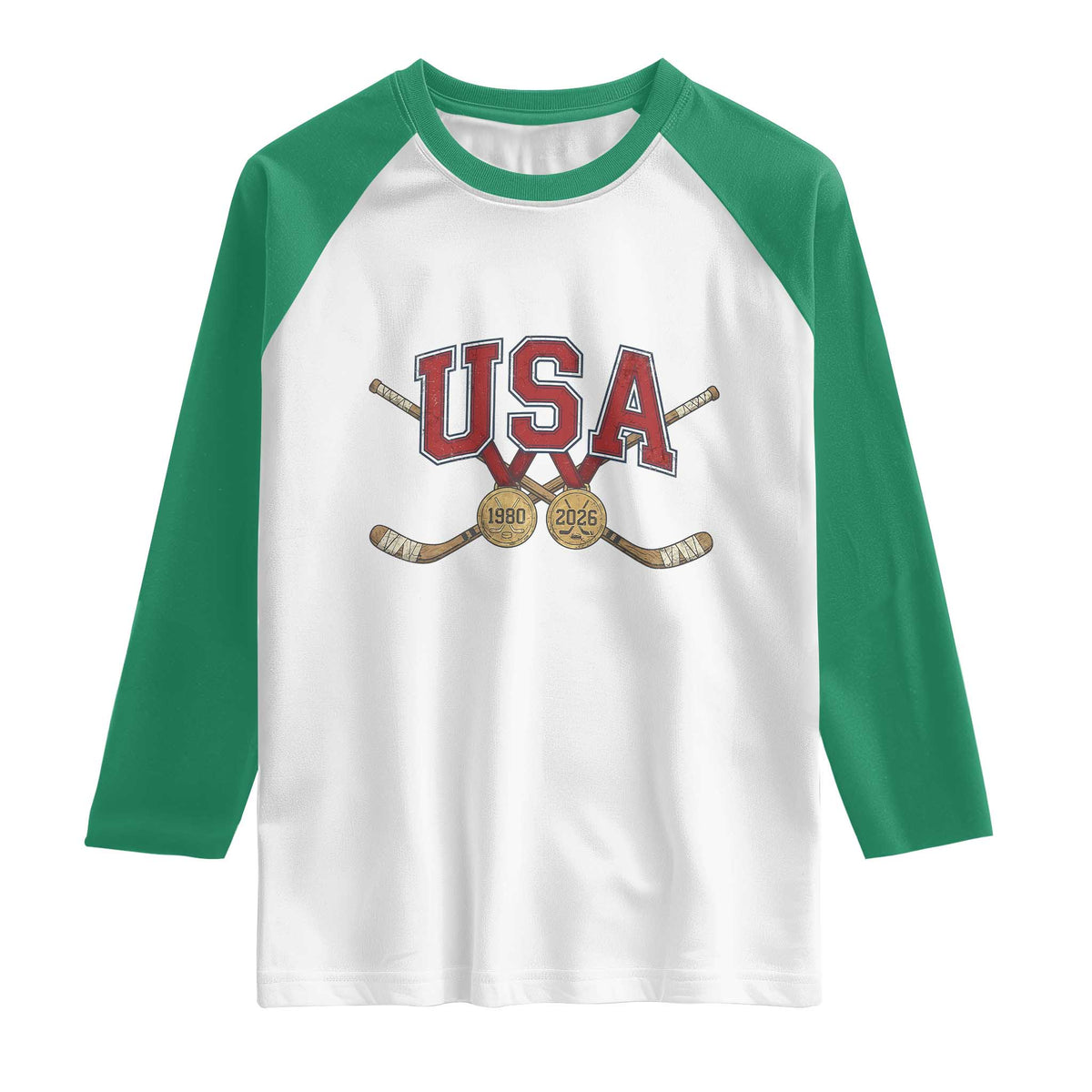 USA Ice Hockey Pride 1980 to 2026 Legacy Raglan Shirt Patriotic American Champions TS02 White Kelly Green Print Your Wear