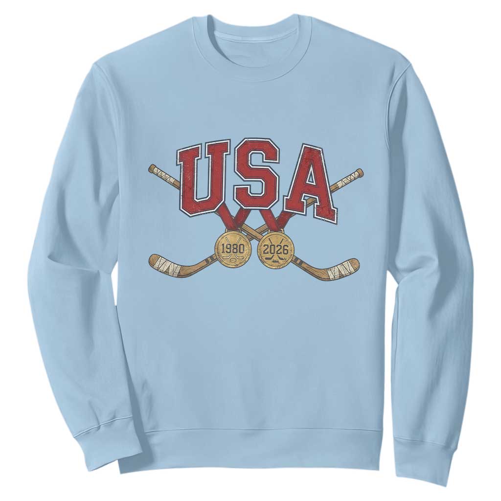 USA Ice Hockey Pride 1980 to 2026 Legacy Sweatshirt Patriotic American Champions TS02 Light Blue Print Your Wear