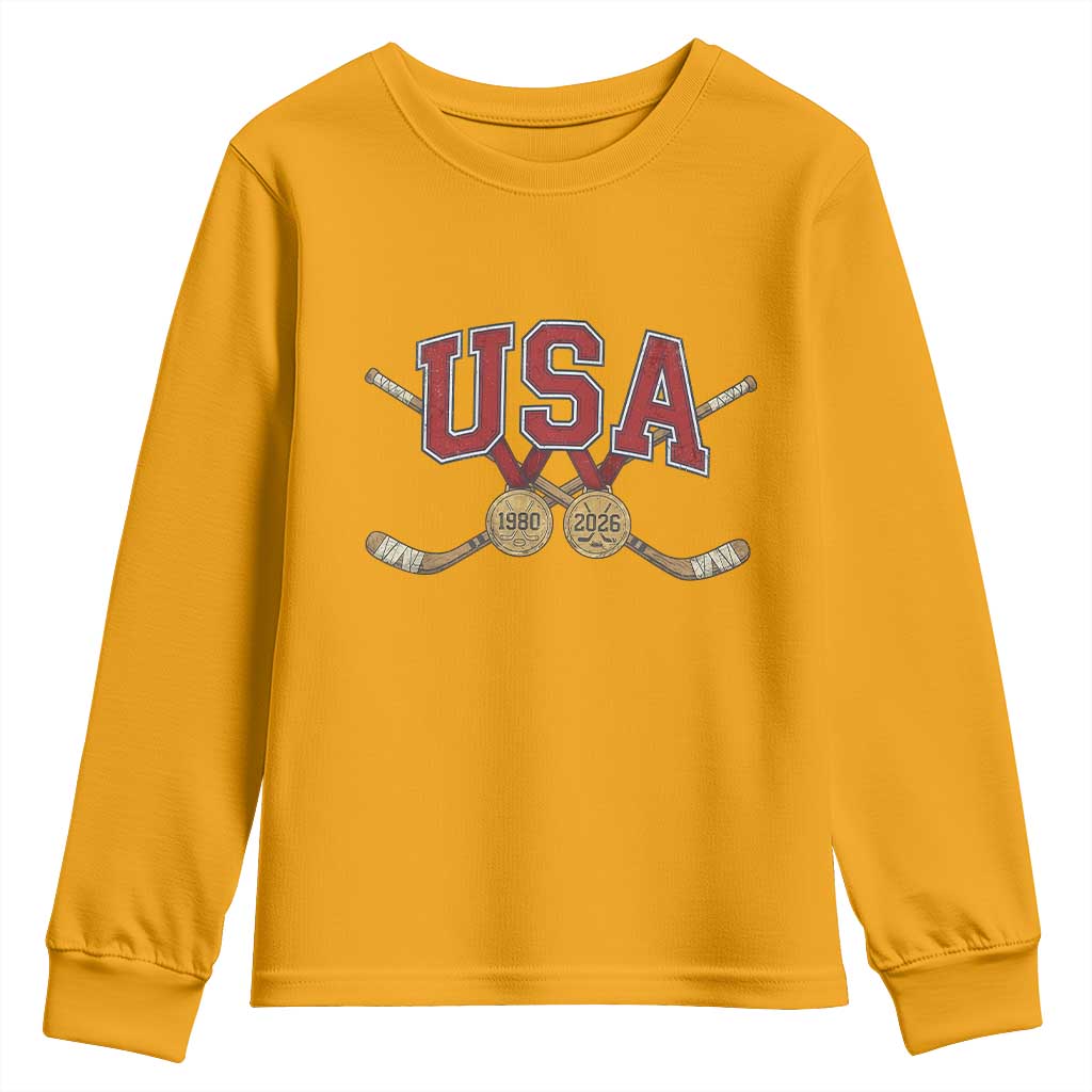 USA Ice Hockey Pride 1980 to 2026 Legacy Youth Sweatshirt Patriotic American Champions TS02 Gold Print Your Wear