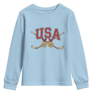 USA Ice Hockey Pride 1980 to 2026 Legacy Youth Sweatshirt Patriotic American Champions TS02 Light Blue Print Your Wear