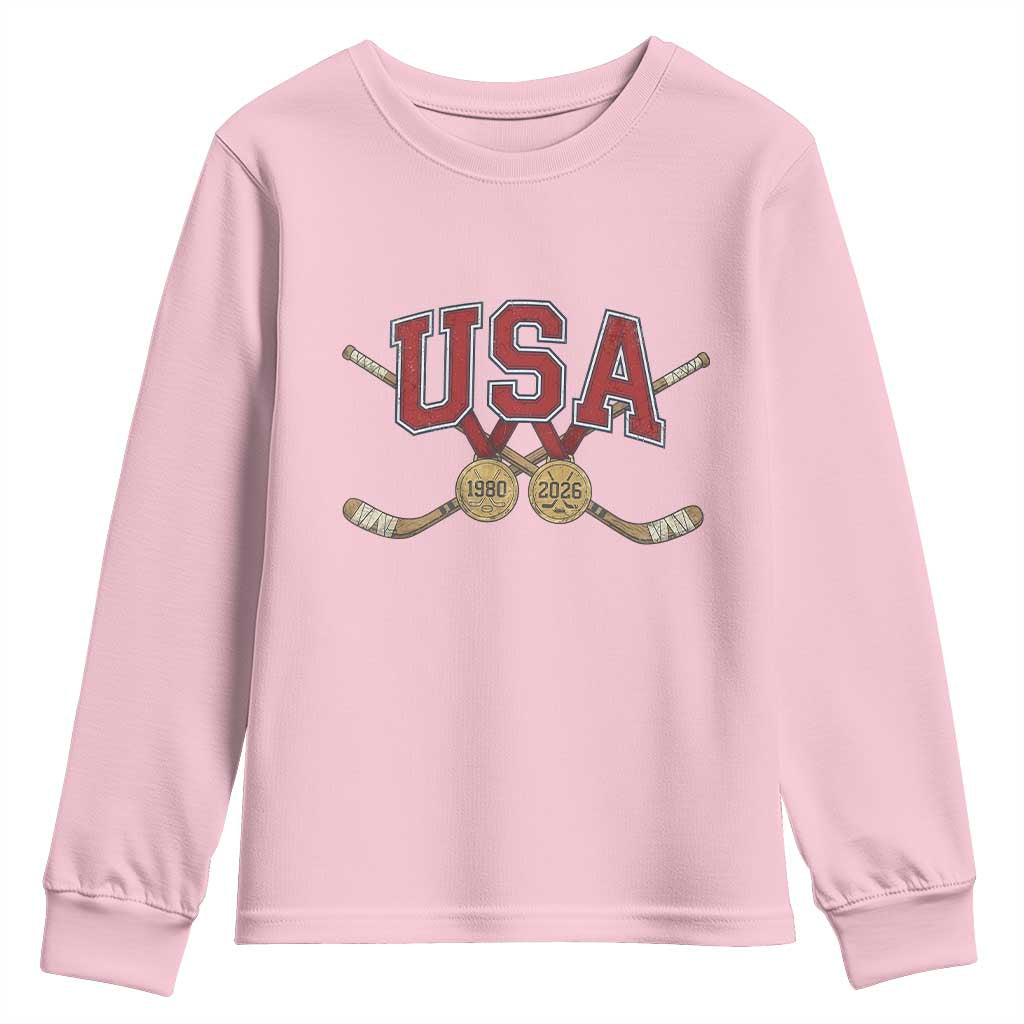 USA Ice Hockey Pride 1980 to 2026 Legacy Youth Sweatshirt Patriotic American Champions TS02 Light Pink Print Your Wear