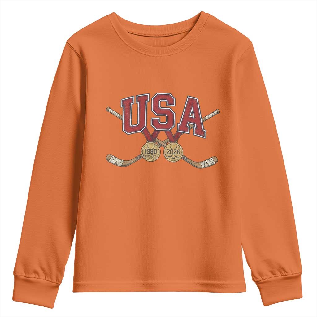 USA Ice Hockey Pride 1980 to 2026 Legacy Youth Sweatshirt Patriotic American Champions TS02 Orange Print Your Wear