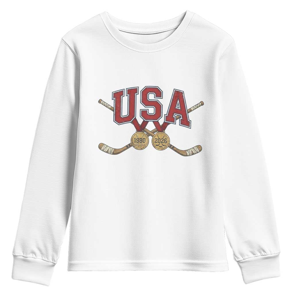 USA Ice Hockey Pride 1980 to 2026 Legacy Youth Sweatshirt Patriotic American Champions TS02 White Print Your Wear