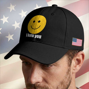 I Hate You Meme Distressed Smiling Face Baseball Cap Dark Humor Sarcastic Funny Attitude