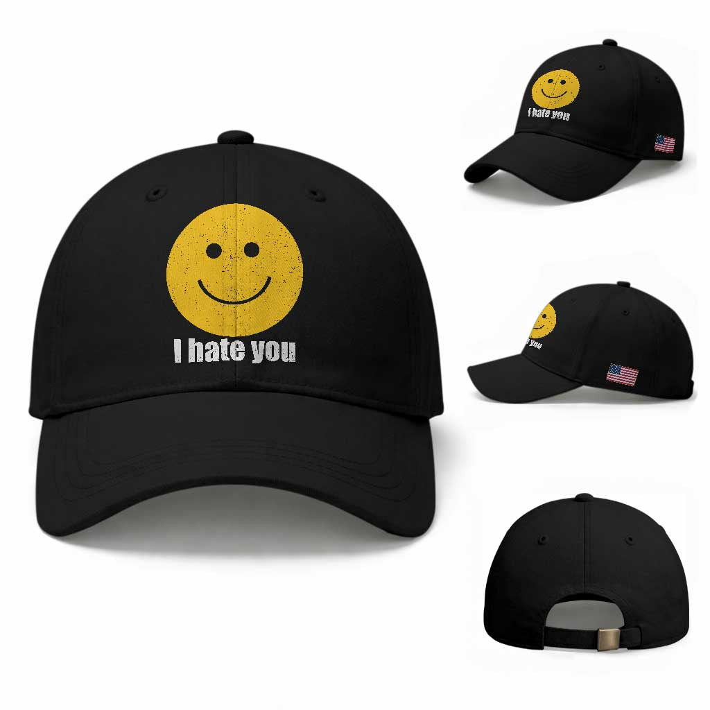 I Hate You Meme Distressed Smiling Face Baseball Cap Dark Humor Sarcastic Funny Attitude