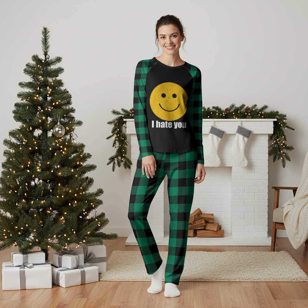 I Hate You Meme Distressed Smiling Face Plaid Pajama Set Dark Humor Sarcastic Funny Attitude TS02 Green Plaid Print Your Wear