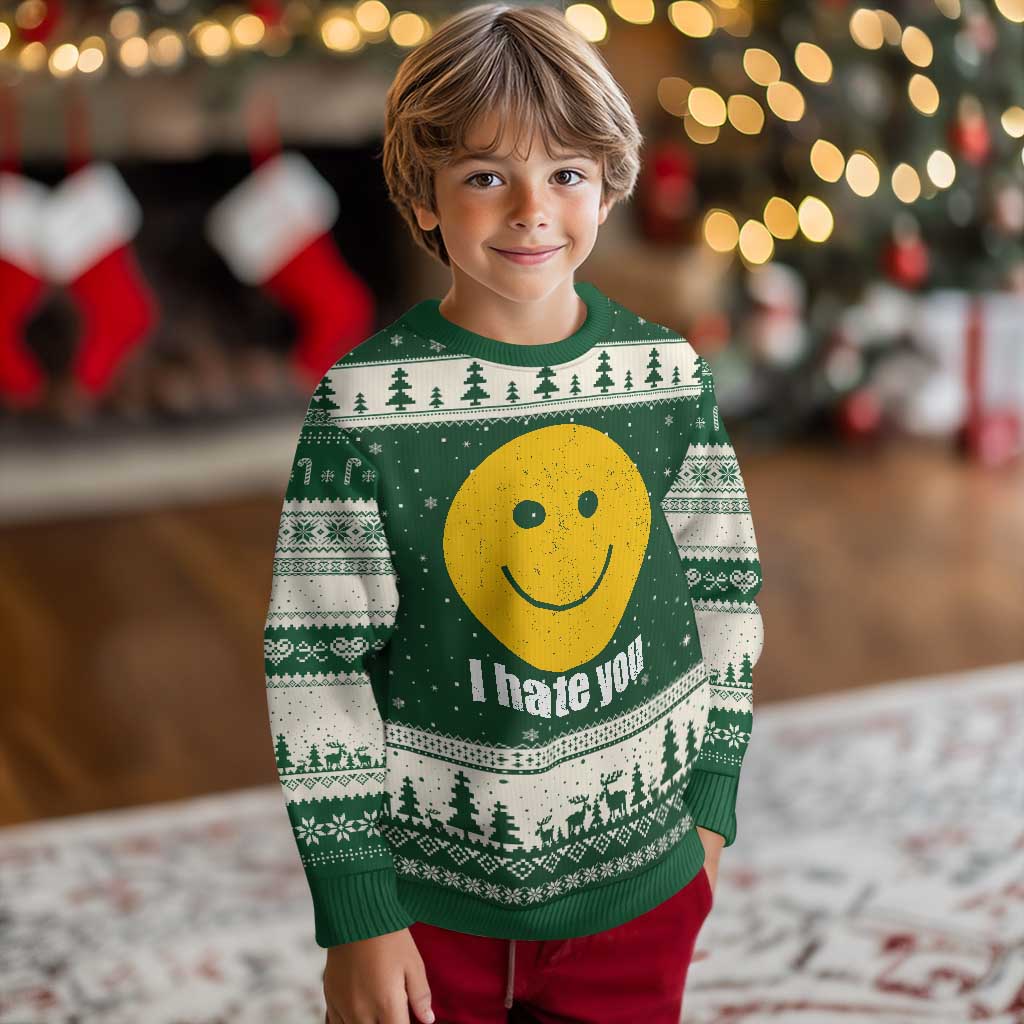 I Hate You Meme Distressed Smiling Face Ugly Christmas Sweater Dark Humor Sarcastic Funny Attitude TS02 Forest Green Beige Print Your Wear