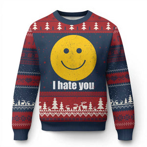 I Hate You Meme Distressed Smiling Face Ugly Christmas Sweater Dark Humor Sarcastic Funny Attitude TS02 Navy Red Print Your Wear