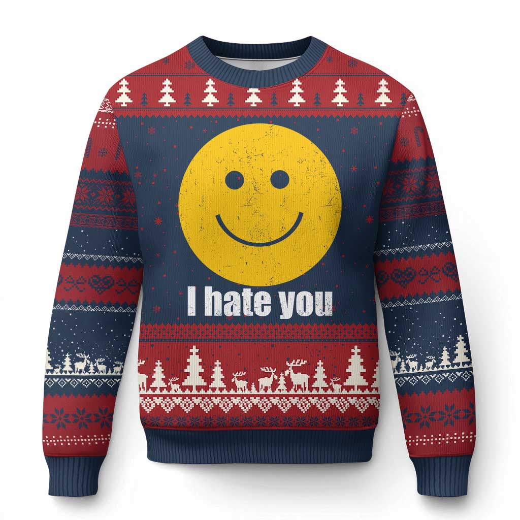 I Hate You Meme Distressed Smiling Face Ugly Christmas Sweater Dark Humor Sarcastic Funny Attitude TS02 Navy Red Print Your Wear