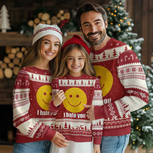 I Hate You Meme Distressed Smiling Face Ugly Christmas Sweater Dark Humor Sarcastic Funny Attitude TS02 Red Beige Print Your Wear