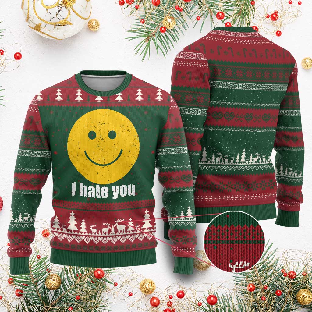 I Hate You Meme Distressed Smiling Face Ugly Christmas Sweater Dark Humor Sarcastic Funny Attitude TS02 Red Green Print Your Wear