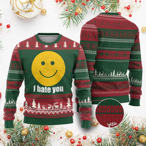 I Hate You Meme Distressed Smiling Face Ugly Christmas Sweater Dark Humor Sarcastic Funny Attitude TS02 Red Green Print Your Wear
