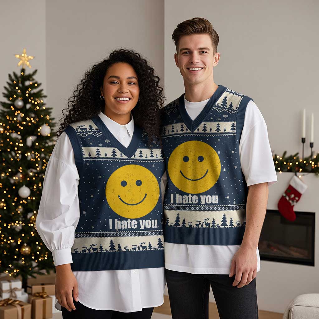 I Hate You Meme Distressed Smiling Face V-Neck Knit Sweater Vest Dark Humor Sarcastic Funny Attitude TS02 Navy Beige Print Your Wear