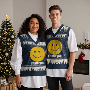 I Hate You Meme Distressed Smiling Face V-Neck Knit Sweater Vest Dark Humor Sarcastic Funny Attitude TS02 Navy Beige Print Your Wear
