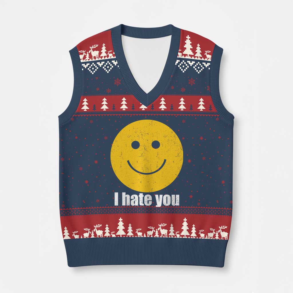 I Hate You Meme Distressed Smiling Face V-Neck Knit Sweater Vest Dark Humor Sarcastic Funny Attitude TS02 Navy Red Print Your Wear