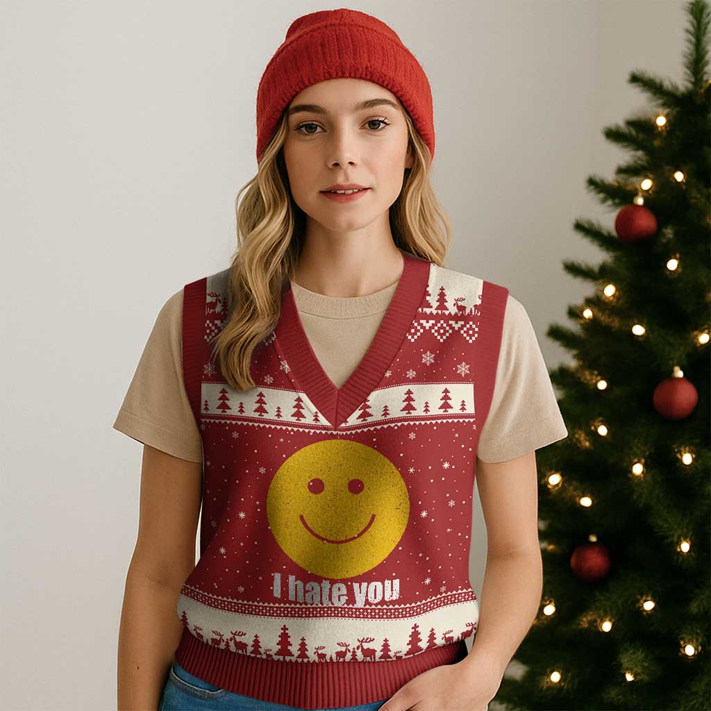 I Hate You Meme Distressed Smiling Face V-Neck Knit Sweater Vest Dark Humor Sarcastic Funny Attitude TS02 Red Beige Print Your Wear