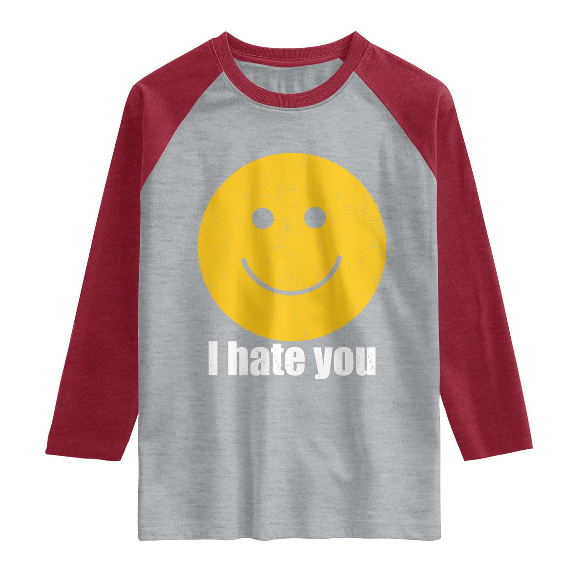 I Hate You Meme Distressed Smiling Face Raglan Shirt Dark Humor Sarcastic Funny Attitude TS02 Heather Gray Heather Red Print Your Wear
