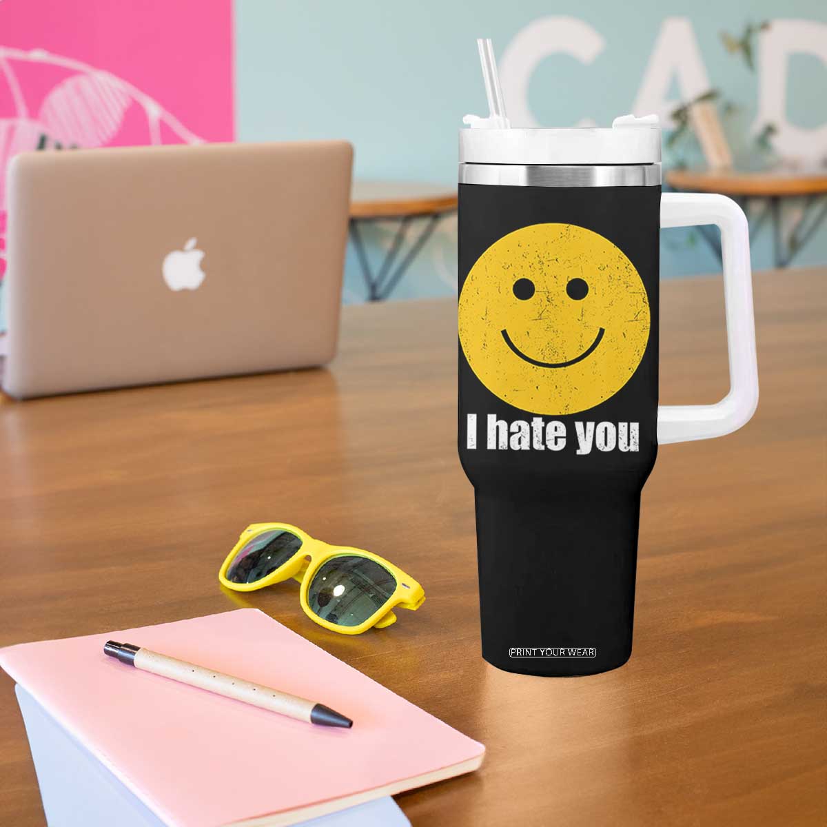 I Hate You Meme Distressed Smiling Face Tumbler With Handle Dark Humor Sarcastic Funny Attitude TS02 Print Your Wear