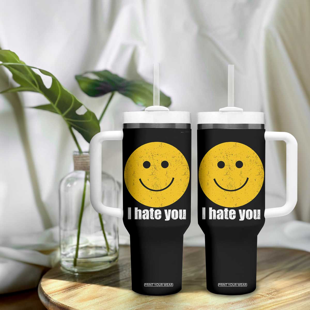 I Hate You Meme Distressed Smiling Face Tumbler With Handle Dark Humor Sarcastic Funny Attitude TS02 Print Your Wear