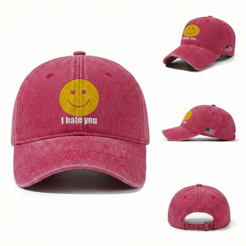 I Hate You Meme Distressed Smiling Face Washed Cotton Baseball Cap Dark Humor Sarcastic Funny Attitude